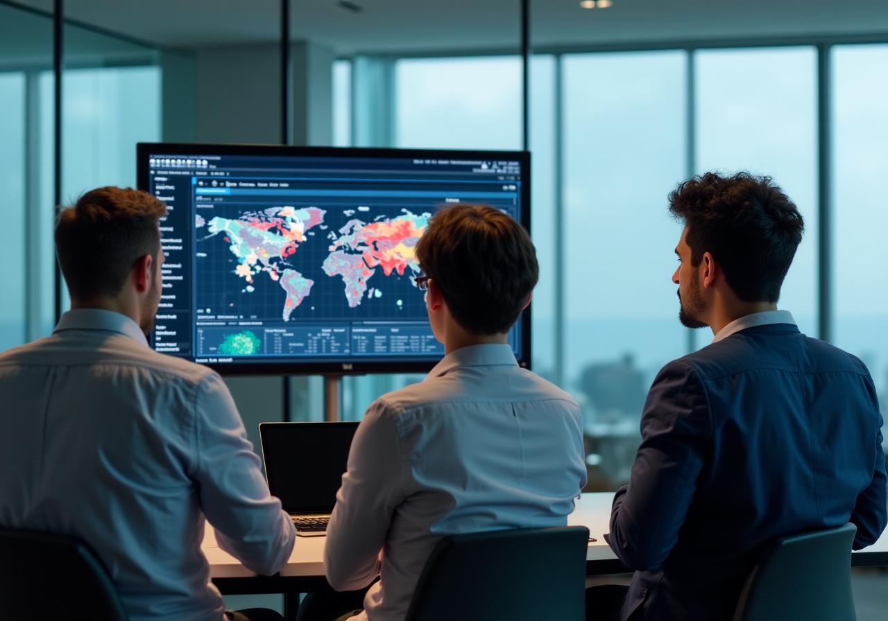 Professional team analyzing AI-driven data insights on a large screen